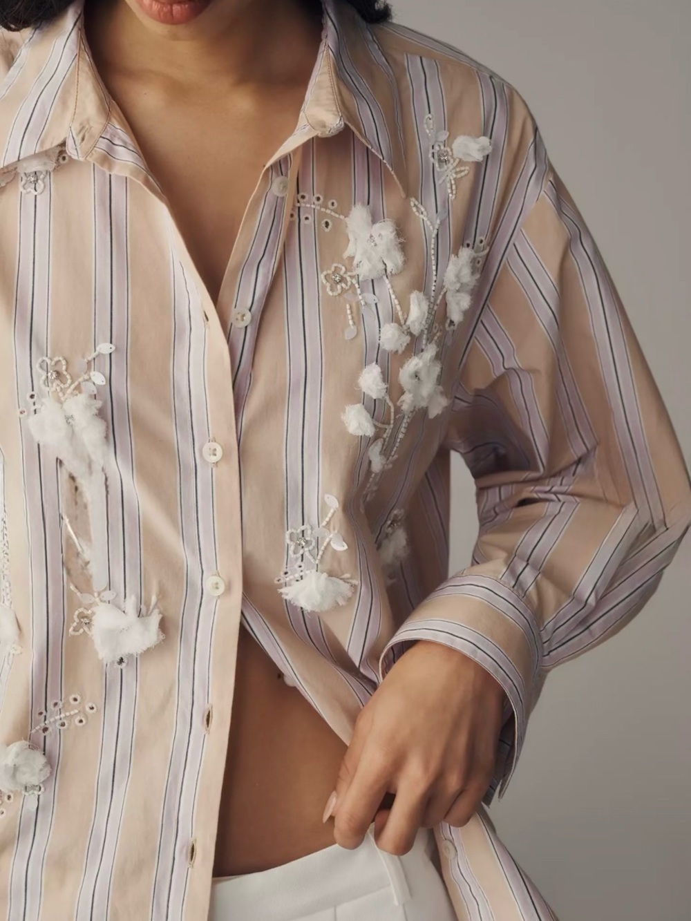 Anthropologie Maeve Bennet Purple Stripe Floral Shrunken Embellished Shirt L NWT - Picture 4 of 15